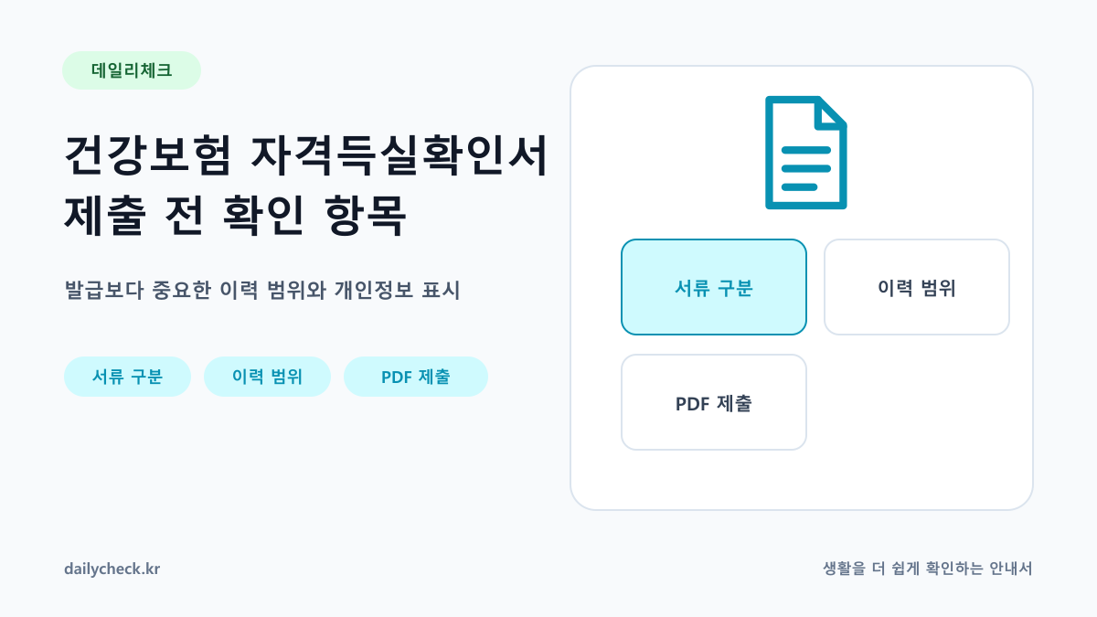 건강보험 자격득실확인서 제출 전 확인 항목 내용을 설명하는 가로형 대표 이미지