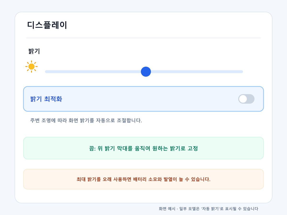 갤럭시 디스플레이 설정에서 밝기 최적화를 끄고 밝기 막대를 조절하는 화면 예시