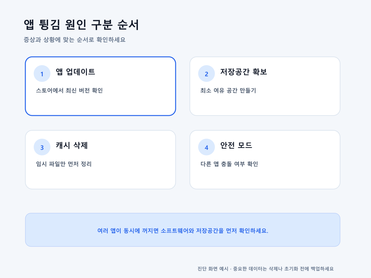 갤럭시 앱 강제 종료 문제를 업데이트 저장공간 캐시 안전 모드 순서로 확인하는 화면 예시