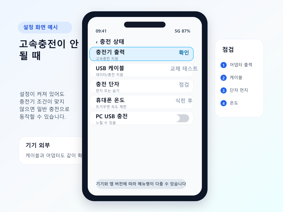 갤럭시 고속충전 안됨 때 케이블과 어댑터를 확인하는 화면 예시