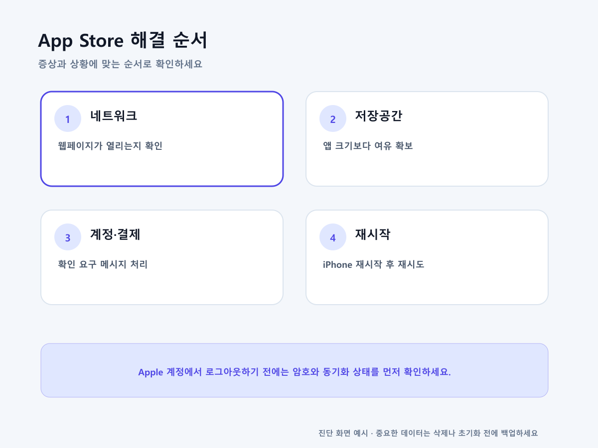 아이폰 앱스토어 다운로드 오류를 네트워크, 저장공간, 계정, 결제 순서로 확인하는 흐름