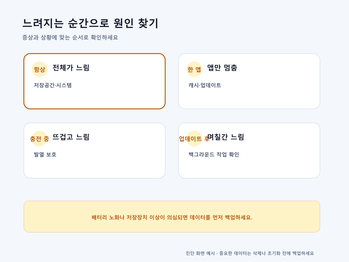 휴대폰 느려짐 증상을 기기 전체, 특정 앱, 인터넷, 발열로 나눈 원인 지도