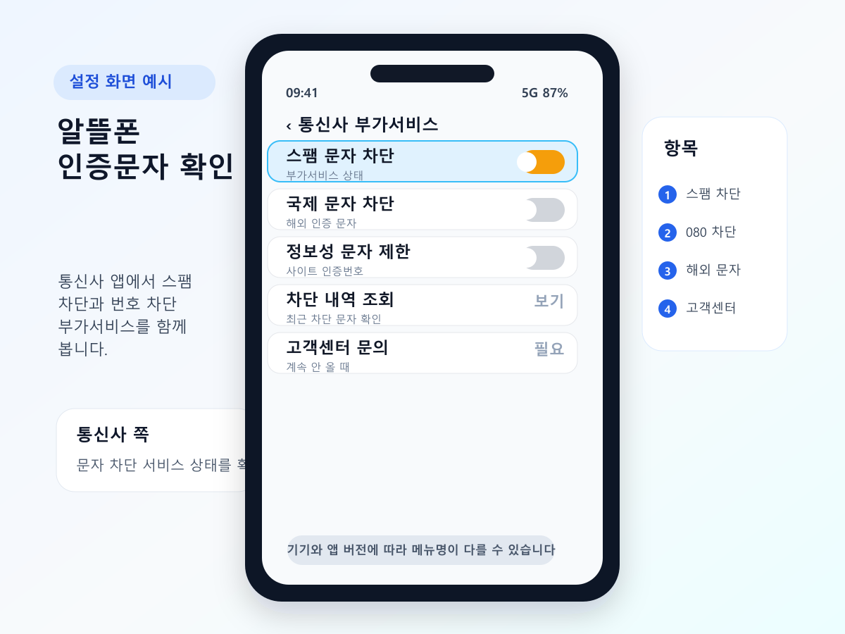 알뜰폰과 통신사 인증문자 수신 차단 설정 확인 예시