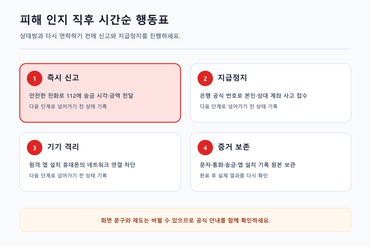 피해 인지 직후 시간순 행동표를 단계별로 정리한 안내 이미지