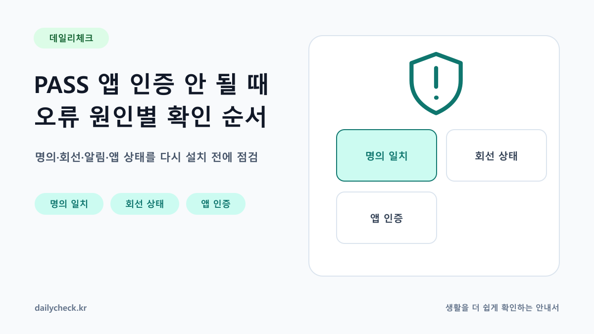 PASS 앱 인증 안 될 때 오류 원인별 확인 순서 내용을 설명하는 가로형 대표 이미지