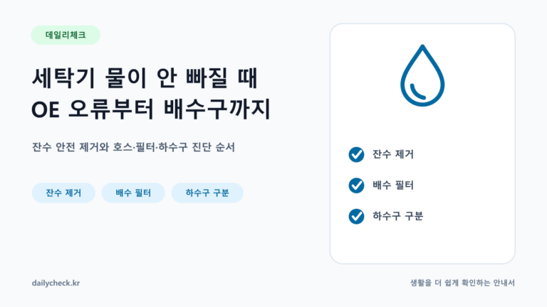 세탁기 물이 안 빠질 때 OE 오류부터 배수구까지 내용을 설명하는 가로형 대표 이미지