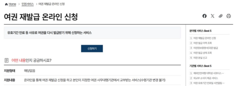 정부24 여권 재발급 온라인 신청의 서비스 안내와 신청하기 버튼