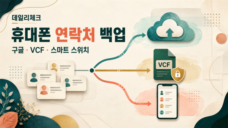 연락처를 구글 계정, VCF 파일, 새 휴대폰으로 백업하는 세 가지 방법을 표현한 대표 이미지